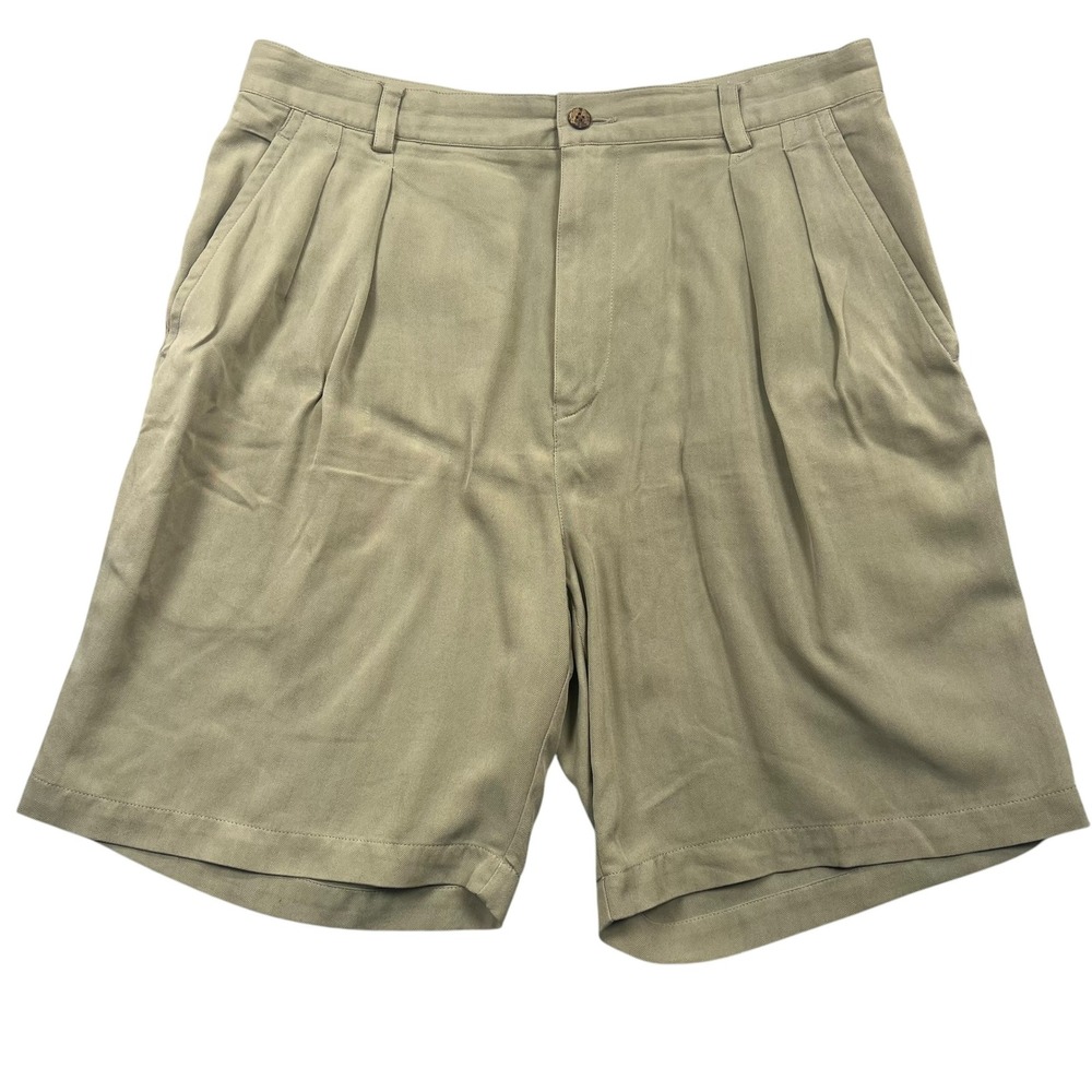 Vintage Tommy Bahama Shorts Mens 35 Khaki Silk Pleated Herringbone Relaxed Fit
